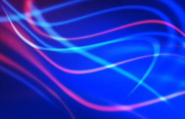Empty dark abstract background with ultraviolet geometric lines. Neon glow.