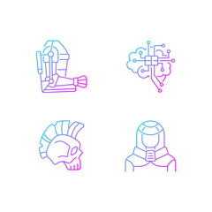 Cyberpunk augmentations gradient linear vector icons set. Innovative exoskeleton. Brain microcircuit. Thin line contour symbols bundle. Isolated vector outline illustrations collection