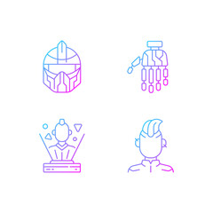 Human body cyberpunk augmentations gradient linear vector icons set. Bionic limb. Hologram, sci fi game. Thin line contour symbols bundle. Isolated vector outline illustrations collection
