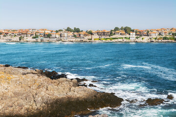 Fragment of the old town of Sozopol, Bulgaria.  View of the bay on the Black Sea in the town of Sozopol.