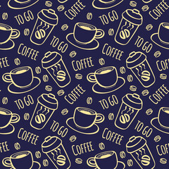 Coffee to go seamless pattern. Cute background for cafe and restaurant. Hand drawn objects on dark blue background. Vector illustration.