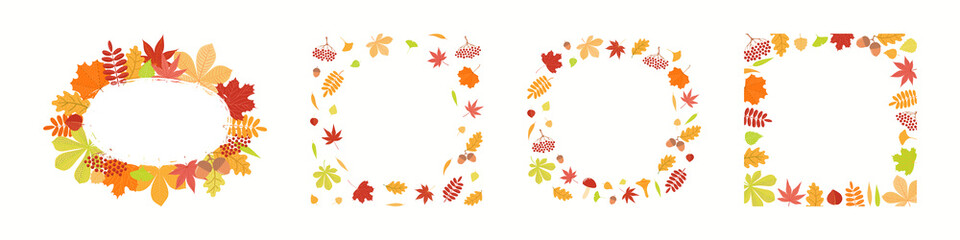 Bright colorful autumn leaves decorative frames set, isolated on white. Hand drawn vector illustration. Floral clipart elements collection. Scandinavian style flat design. Concept for kids print