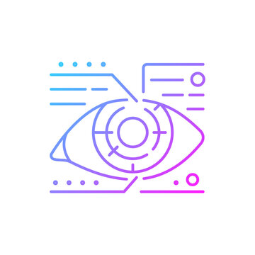 Lens microcircuit gradient linear vector icon. Android eye with specs info. Cyberpunk, sci fi. Futuristic technology. Thin line color symbols. Modern style pictogram. Vector isolated outline drawing