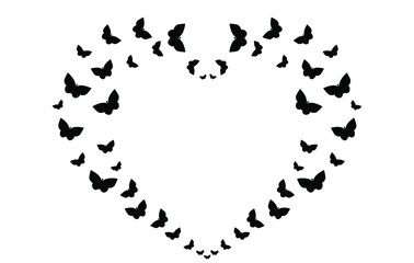Butterflies silhouette, frame in the shape of the heart, vector EPS 10. Summer border.