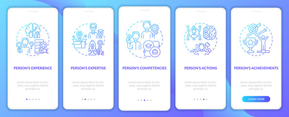 Personal brand components blue onboarding mobile app page screen with concepts. Positive impact walkthrough 5 steps graphic instructions. UI, UX, GUI vector template with linear color illustrations