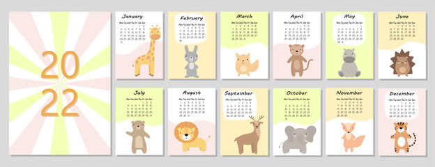 A4 calendar for 2022. Cute cartoon animals. Cover for 12 monthly pages. The week starts on Monday. Vector illustration.