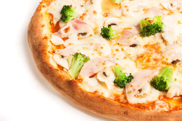 Baked pizza with cheese, tomatoes and broccoli, isolated