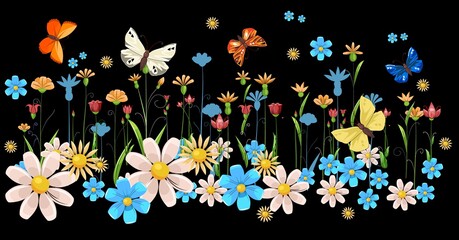 Blooming meadow with grass, flowers and butterflies. Night landscape. Cartoon style. Fabulous illustration. Background picture. Beautiful natural view. Wild plant nature. Rural scene. Vector
