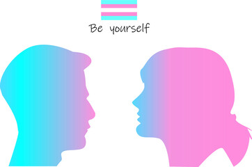 Male to female and female to male transgender or transsexual flat profile silhouettes with a flag icon. LGBT. Be yourself. Vector EPS 10