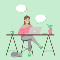 Girl sitting at the table looking on computer, working at home, studying or chatting online. Cozy atmosphere, modern furniture, cup of hot tea, book, home plant and slipping cat. Flat style, vector