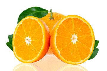 Fresh oranges fruit with half of orange and leaves isolated on white background