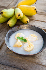 Banana in Coconut Milk. Traditional dessert of asian, Thailand.