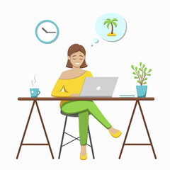 Girl sitting at the table looking on computer, working and thinking about vacation or looking for place to go in the internet. Cozy atmosphere, modern furniture, cup of hot tea, book and home plant