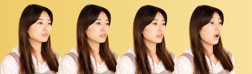 Evolution of emotions. Asian young woman's portrait on yellow studio background. Concept of human emotions, facial expression, youth, sales, ad.