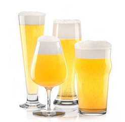Set of fresh light beer glasses with bubble froth isolated on white background.
