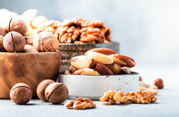 Fototapeta na wymiar Assortment of nuts. Cashews, hazelnuts, walnuts, almonds etc. Healthy Food Snacks mix on gray background, copy space