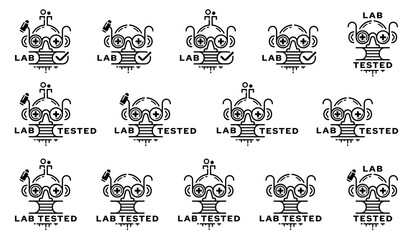 Concept for product packaging. Labeling - lab tested. The icon of a doctor or laboratory assistant in the form of a research flask with glasses is a symbol of medical research or verification.Vector