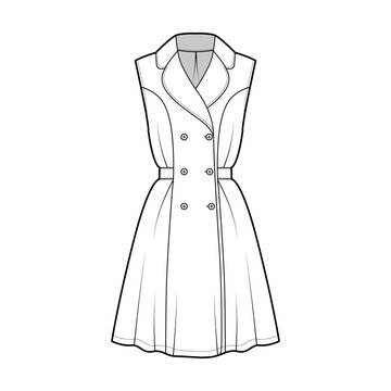 Dress coat trench technical fashion illustration with double breasted, sleeveless, fitted body, knee length semi-circular skirt. Flat apparel front, white color style. Women, men unisex CAD mockup