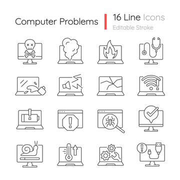 Computer problems linear icons set. Laptop not starting, screen error. System failure. Hardware crash. Customizable thin line contour symbols. Isolated vector outline illustrations. Editable stroke