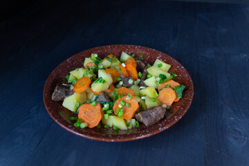 Fototapeta na wymiar plate with stew cooked of vegetables and beeaf