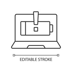 Computer does not charge linear icon. Broken notebook battery. Electricity supply issue. Thin line customizable illustration. Contour symbol. Vector isolated outline drawing. Editable stroke