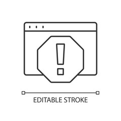 Computer error linear icon. System failure, message window for PC monitor. Cyber safety danger. Thin line customizable illustration. Contour symbol. Vector isolated outline drawing. Editable stroke