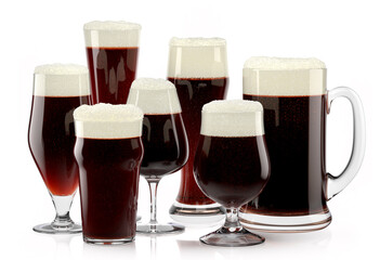 Set of fresh stout beer glasses with bubble froth isolated on white background.