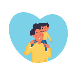 Father's day. Poster for the holiday. Father and son for a walk. Illustration in blue and yellow tone. Banner.