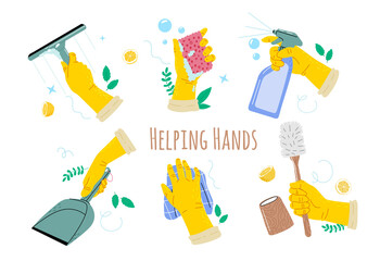Hands in yellow gloves holding a cleanings tools toilet brush, sponge,windows spray, domestic,windows cleanser, scraper.