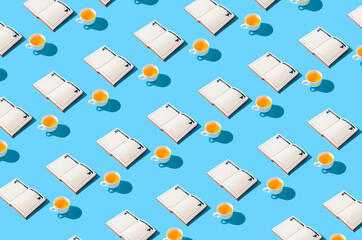 Creative pattern made of teacups on pastel blue background. Minimal retro layout.
