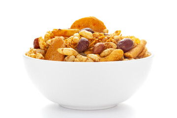 Close up of very spicy-sweet Fatafat Bhel mixture Indian namkeen (snacks) on a ceramic white bowl. 