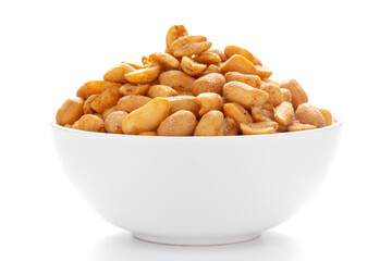 Close up of Crunchy masala peanuts Indian namkeen (snacks) on a ceramic white bowl