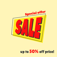 Special offer with up to 50% discount. Big sale on yellow background.Element for marketing and commerce. Modern banner design for successful sale of goods at reduced prices