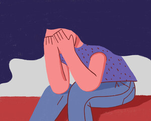 illustration of a woman in despair and anxiety. Sits covering his face with his hands