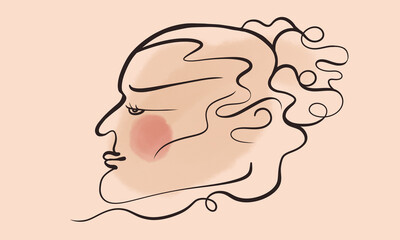 A minimalistic simple primitive female profile portrait with minimal colors. In the old style, as if drawn with a pen and ink