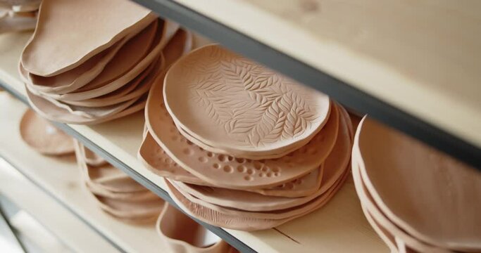 A pile of handmade ceramic dishes lying on a rack in a pottery workshop. View of various handmade pottery at pottery studio.