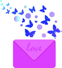 Vector illustration, pink envelope with inscriptions love. Butterflies and bright circles fly out of the envelope.
