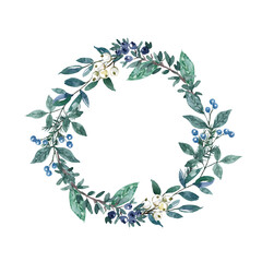 Christmas wreath with seasonal greenery, pine tree branches, foliage and white winter berries. Holiday decorative frame, isolated on white background. Greeting card template, invitation.