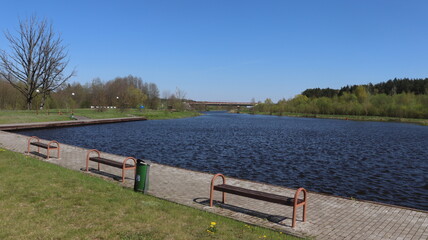 Fototapeta premium channel quayside with bench and pathway
