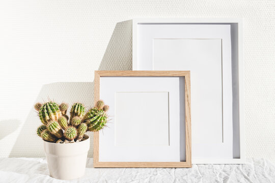 Two wooden frames and cactus on white table.