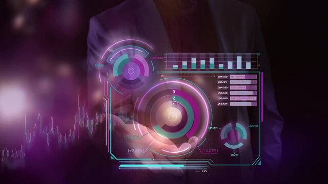 Businessman holds abstract infographics in the palm of his hand.
