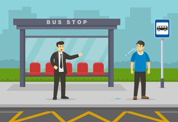 Angry young male character yelling to other spitting man.City bus station. Flat vector illustration template.  - obrazy, fototapety, plakaty