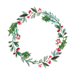 Red berries and greenery wreath illustration. Watercolor pine tree branches, fir, mistletoe. Christmas decorative frame. Greeting card design. Holiday template.