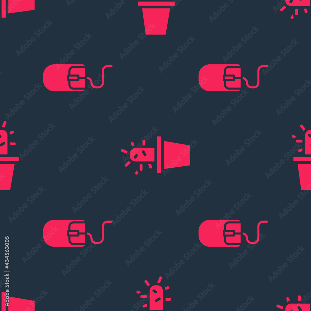 Poster set computer mouse and cactus and succulent in pot on seamless pattern. vector
