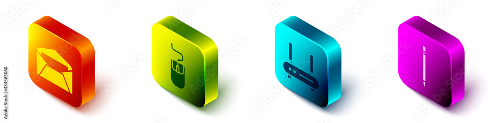 Aufkleber set isometric envelope, computer mouse, router and wi-fi signal and pencil with eraser icon. vector