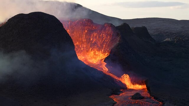 River And Fountains Of Hot Lava Flowing During Volcanic Eruption In Mount Fagradalsfjall, Geldingadalir Valley, Southwest Iceland - close up