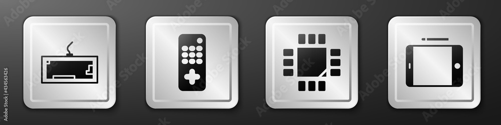 Poster set keyboard, remote control, processor with microcircuits cpu and graphic tablet icon. silver squar