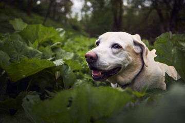 Portrait of cute old dog in nature. Happy labrador retreiever in the middle of green leaves of burdocks.