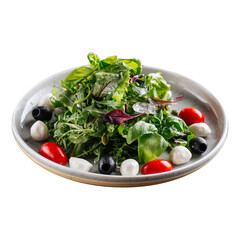 Isolated plate of fresh green salad with mozzarella and olives