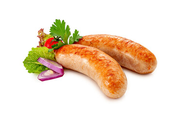Fried sausages. Homemade sausages from turkey (chicken) fried isolated on white background. Meat product. catering.